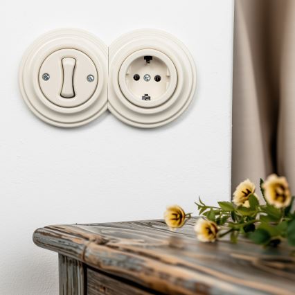 Reblig - Interruptor unipolar retro n.º 1 y enchufe SCHUKO 230 V con marco beige