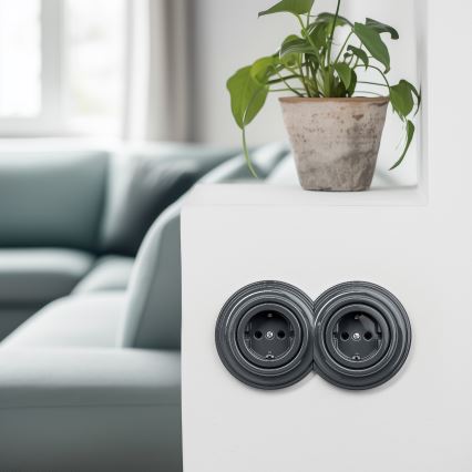 Reblig - Toma de corriente doble de estilo retro para uso doméstico con marco SCHUKO 230 V, antracita