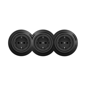 Reblig - Toma de corriente triple estilo retro para uso doméstico con marco SCHUKO 230V negro