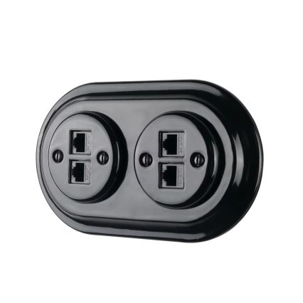 Reblig - Toma Ethernet de porcelana estilo retro con marco 2x CAT5e, negra