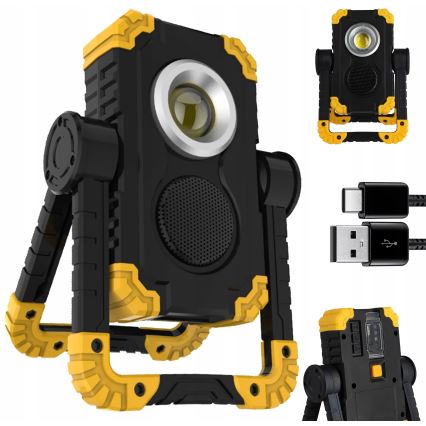 Reflector LED recargable con altavoz y función powerbank LED/10W/5V 4400 mAh IP44 negro/amarillo
