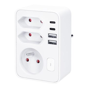 Regleta con 1 toma de 16 A y 2 tomas de 2,5 A, con cargador 2x USB (A y C), blanca