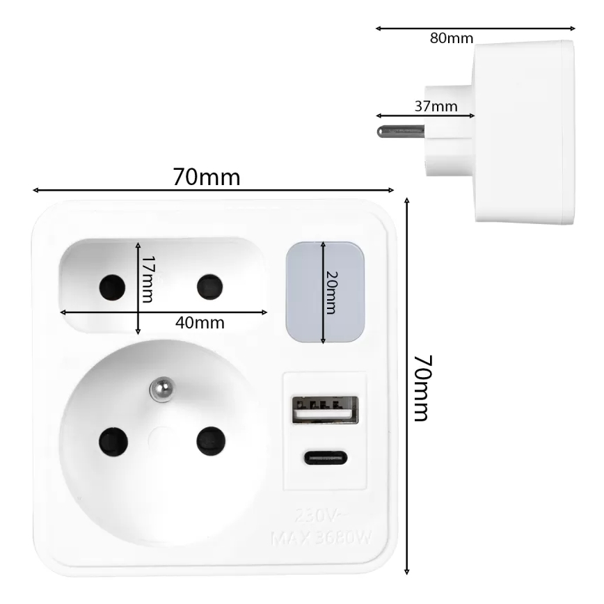 Regleta con 2 tomas + USB-C + USB-A con iluminación LED LED/0,5W/230V 3000K
