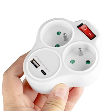 Regleta con interruptor, 2 enchufes + USB-C + USB-A
