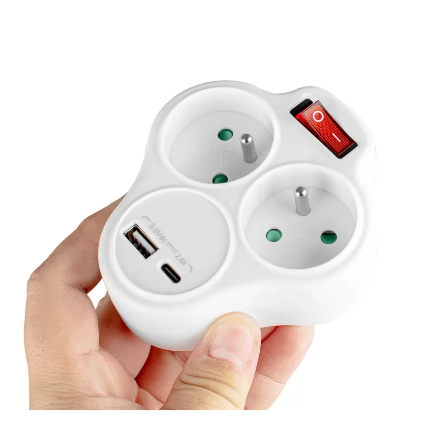Regleta con interruptor, 2 enchufes + USB-C + USB-A