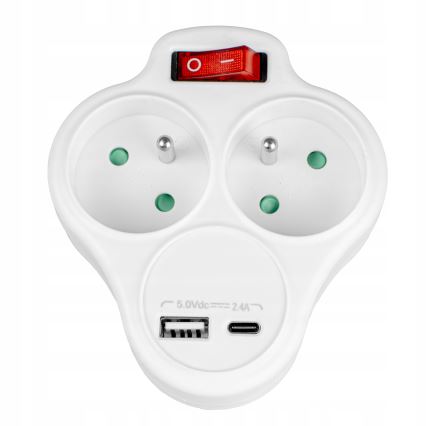 Regleta con interruptor, 2 enchufes + USB-C + USB-A