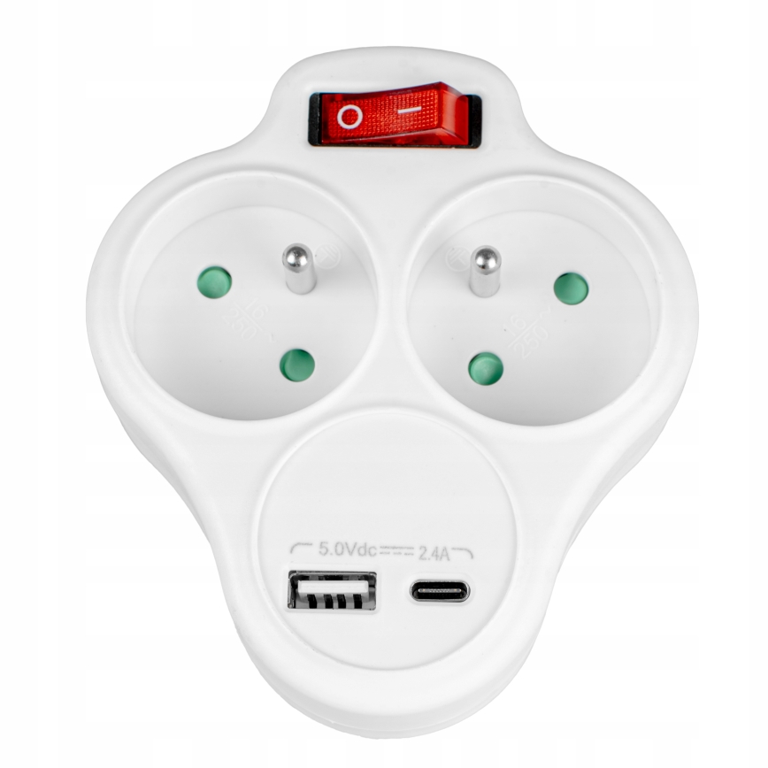 Regleta con interruptor, 2 enchufes + USB-C + USB-A