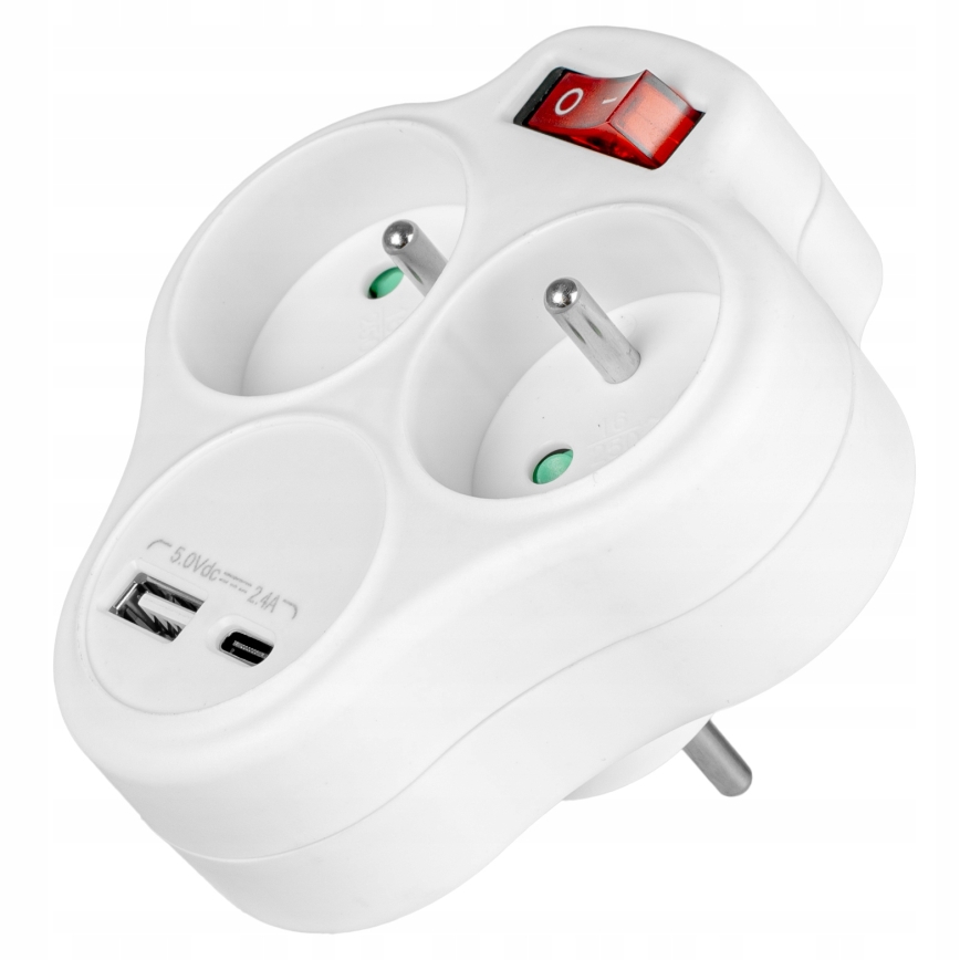 Regleta con interruptor, 2 enchufes + USB-C + USB-A