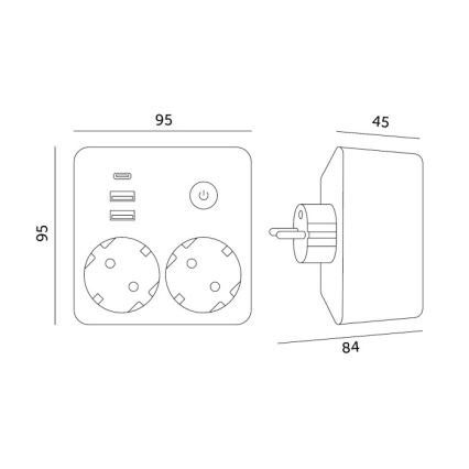 Regleta con interruptor LINEA 2x230V + 3xUSB A/C SCHUKO negra