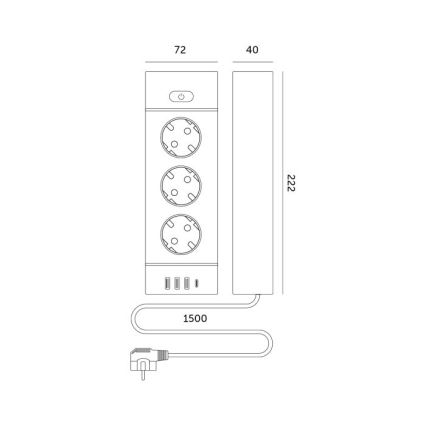 Regleta con interruptor LINEA PRO 3x230V+ 3xUSB-A + 1xUSB-C SCHUKO 1,5 m blanca