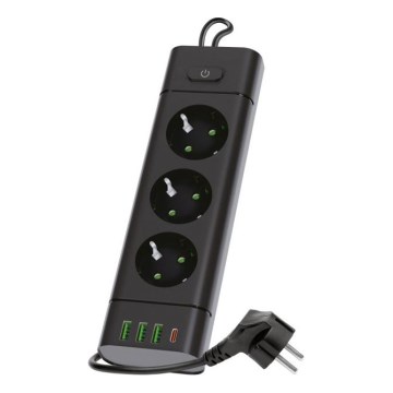 Regleta con interruptor LINEA PRO 3x230V + 3xUSB-A + 1xUSB-C SCHUKO 3 m negra