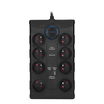Regleta de 8 tomas Tipo E con interruptor y protección contra sobretensiones + 1x USB-A + 1x USB-C, 2 m, negra