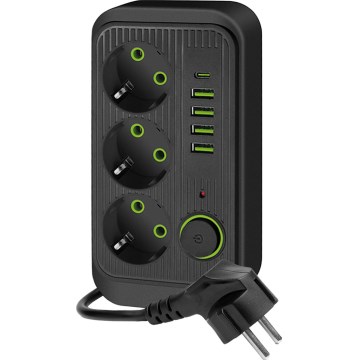 Regleta de enchufes con interruptor LINEA 3x230V + 5xUSB A/C SCHUKO 5 m negro