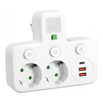 Regleta de enchufes LINEA PRO — 2 tomas Schuko con interruptor e iluminación LED, 3 puertos USB (A/C), 4000 K, blanca