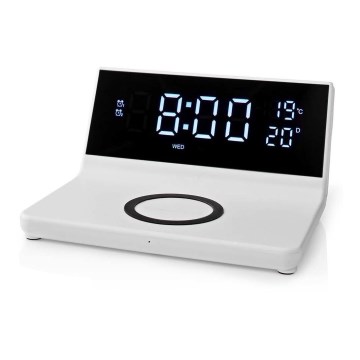 Reloj despertador con pantalla LCD y cargador inalámbrico 15W/5V + 1xCR2032 blanco