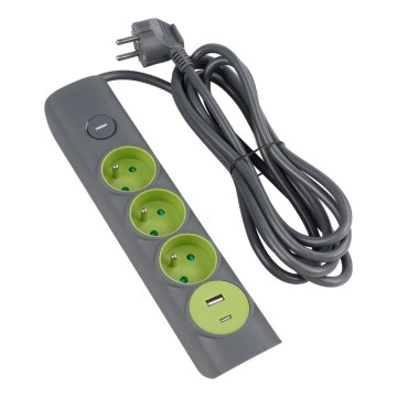 Retlux - Regleta con interruptor 3x enchufes Tipo E + 1x USB-A + 1x USB-C 1,4 m gris