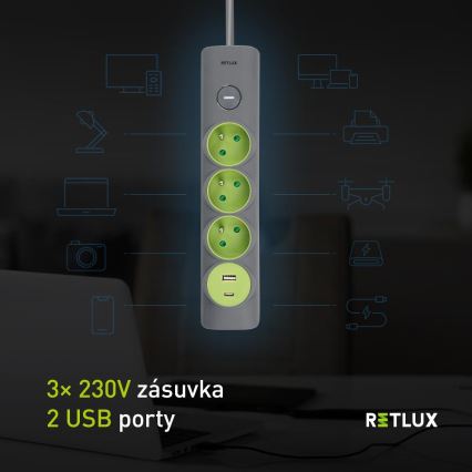 Retlux - Regleta con interruptor 3x enchufes Tipo E + 1x USB-A + 1x USB-C 1,4 m gris