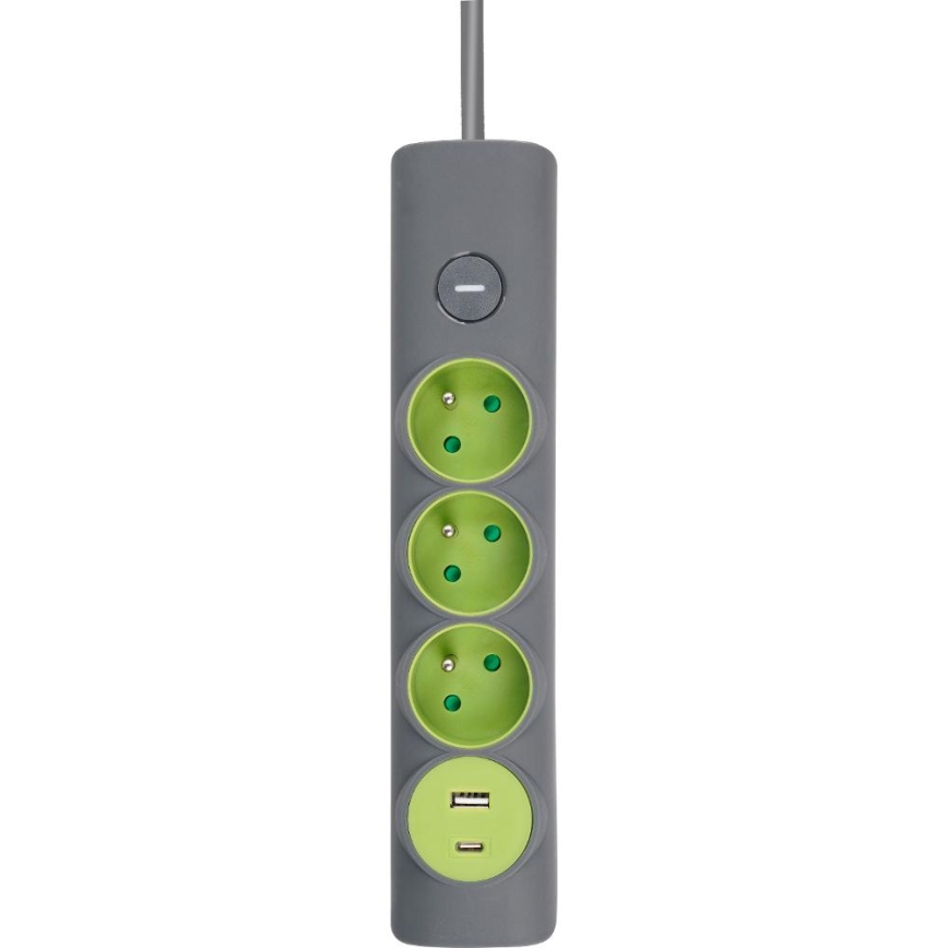 Retlux - Regleta con interruptor 3x enchufes Tipo E + 1x USB-A + 1x USB-C 1,4 m gris