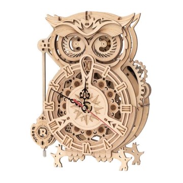 RoboTime - Reloj mecánico de madera 3D con forma de búho 1xAA