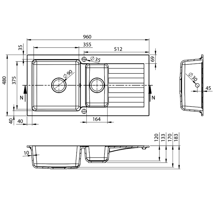 Sapho - Fregadero de cocina 48x96 cm granito/beige