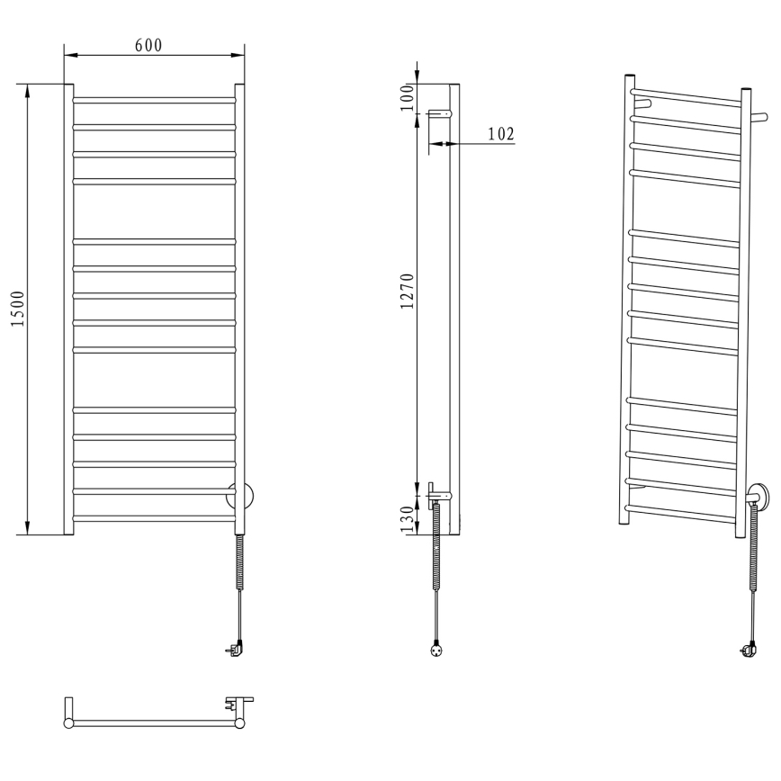 Sapho - Toallero eléctrico REDONDO 130W 150x60 cm, acabado cromo brillante, diseño redondeado