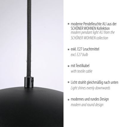 Schöner Wohnen 11728-18 - Lámpara colgante con cable ALI 1xE27/25W/230V Ø 38 cm negra