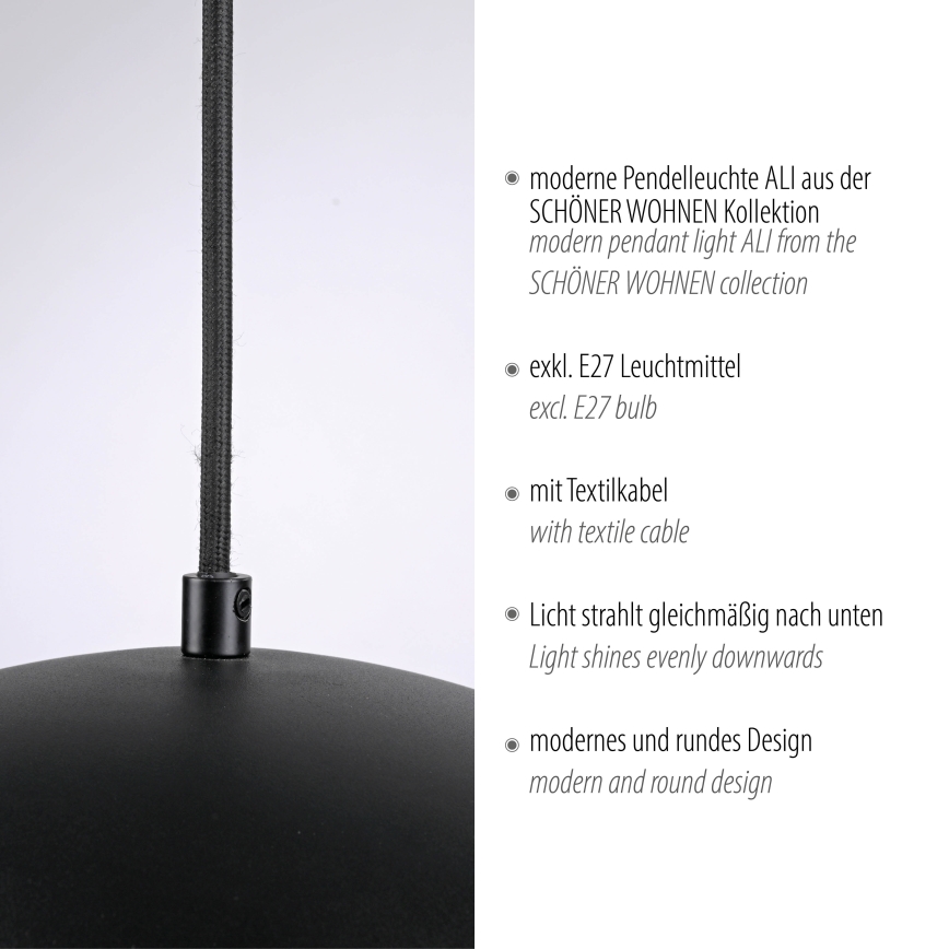 Schöner Wohnen 11728-18 - Lámpara colgante con cable ALI 1xE27/25W/230V Ø 38 cm negra