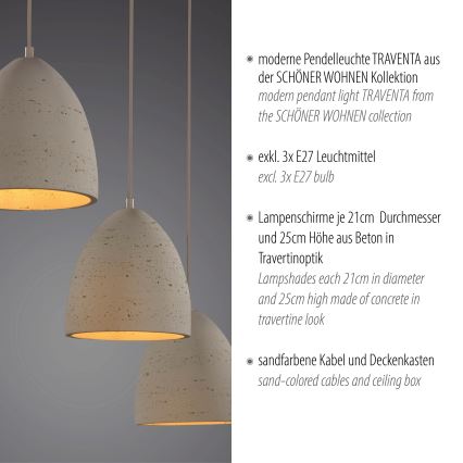 Schöner Wohnen 12541-42 - Lámpara colgante con cable TRAVENTA 3xE27/40W/230V hormigón