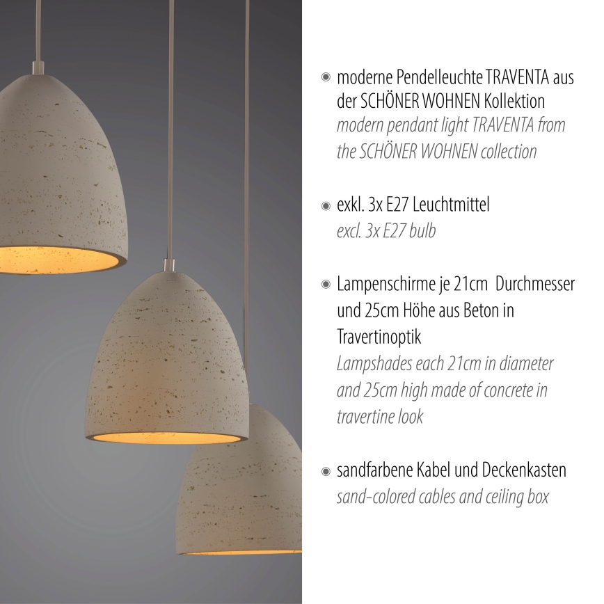 Schöner Wohnen 12541-42 - Lámpara colgante con cable TRAVENTA 3xE27/40W/230V hormigón