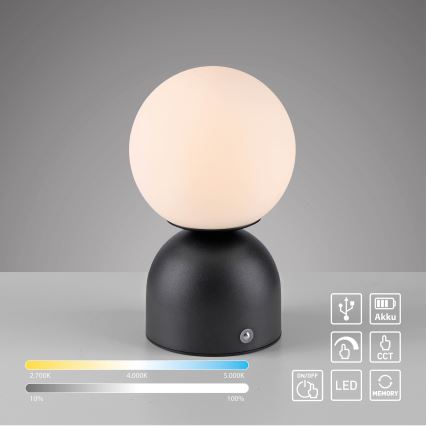 Schöner Wohnen 19218-18 - Lámpara de sobremesa recargable táctil y regulable RUDI LED/1,2W/5V 3000-6000K 1200 mAh negra