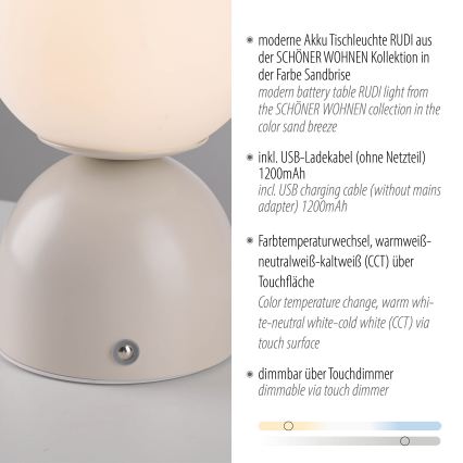 Schöner Wohnen 19218-39 - Lámpara de sobremesa LED recargable y regulable con control táctil RUDI LED/1,2W/5V 3000-6000K 1200 mAh gris