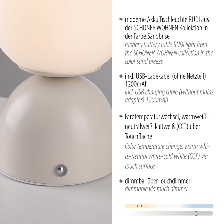 Schöner Wohnen 19218-39 - Lámpara de sobremesa LED recargable y regulable con control táctil RUDI LED/1,2W/5V 3000-6000K 1200 mAh gris