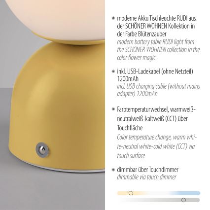 Schöner Wohnen 19218-81 - Lámpara LED de sobremesa recargable, táctil y regulable RUDI LED/1,2W/5V 3000-6000K 1200 mAh amarilla