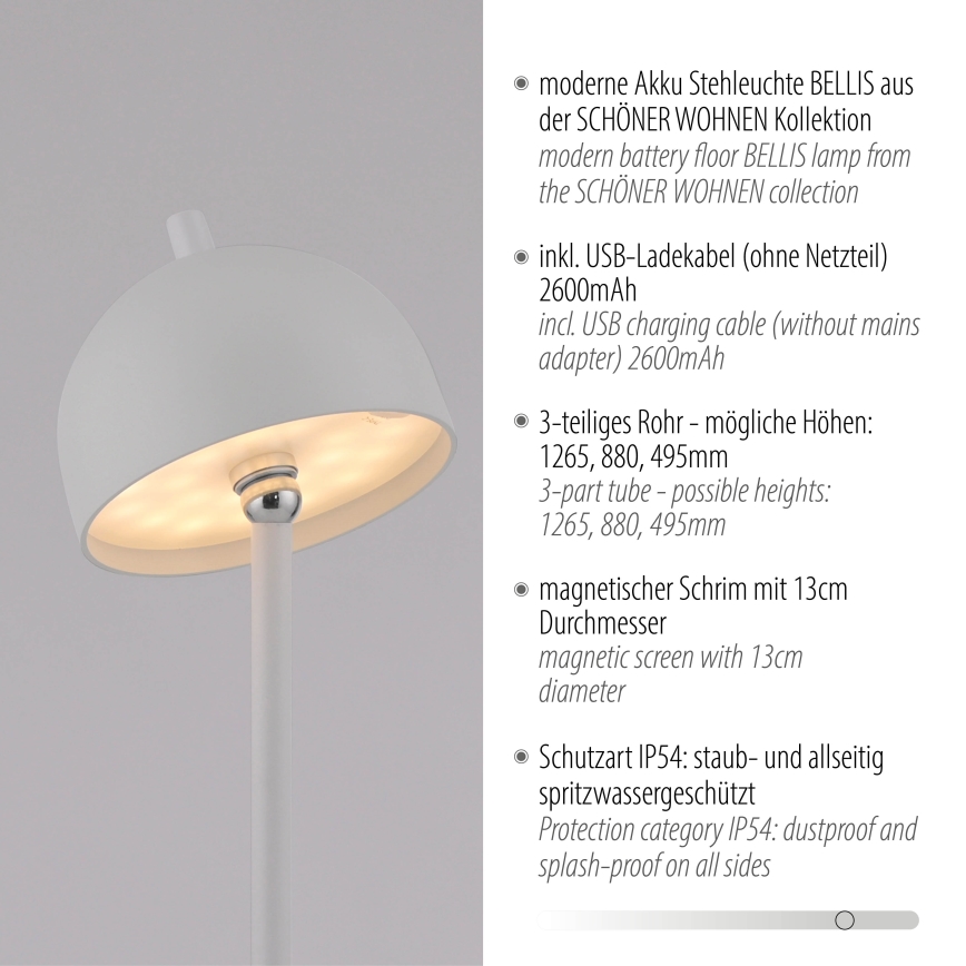 Schöner Wohnen 19245-16 - Lámpara de pie exterior recargable con control táctil regulable BELLIS LED/2,5W/5V 2600 mAh IP54 blanca