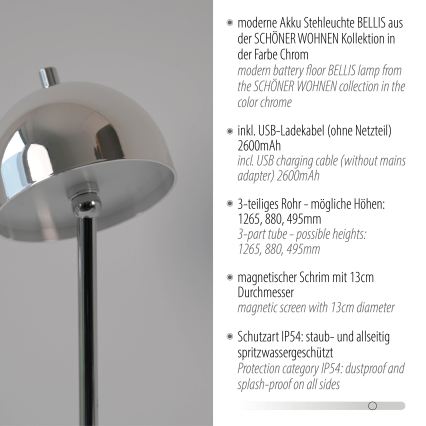 Schöner Wohnen 19245-17 - Lámpara de pie exterior recargable con control táctil y regulable BELLIS LED/2,5W/5V 2600 mAh IP54 cromo brillante
