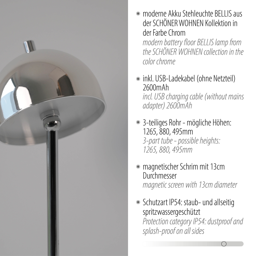 Schöner Wohnen 19245-17 - Lámpara de pie exterior recargable con control táctil y regulable BELLIS LED/2,5W/5V 2600 mAh IP54 cromo brillante