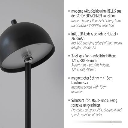 Schöner Wohnen 19245-18 - Lámpara de pie para exterior recargable, táctil y regulable LED BELLIS LED/2,5W/5V 2600 mAh IP54 negra