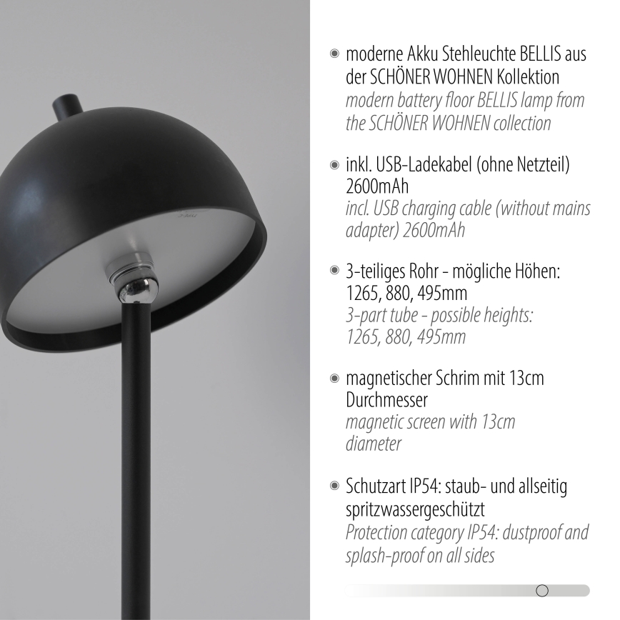 Schöner Wohnen 19245-18 - Lámpara de pie para exterior recargable, táctil y regulable LED BELLIS LED/2,5W/5V 2600 mAh IP54 negra
