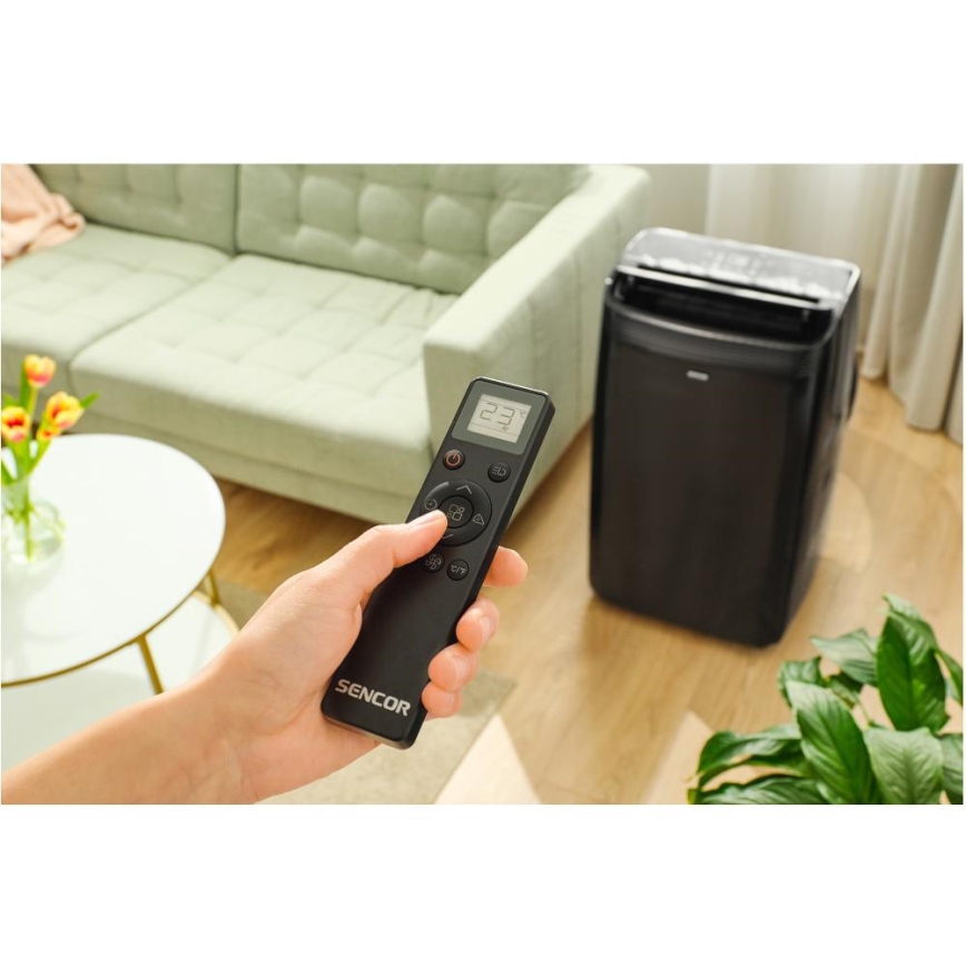 Sencor - Aire acondicionado móvil inteligente 4 en 1 con accesorios completos 900W/230V 9000 BTU Wi-Fi negro + mando a distancia