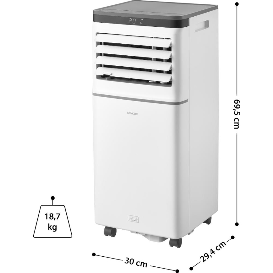 Sencor - Aire acondicionado móvil inteligente 3 en 1 con kit completo de accesorios 815W/230V 8000 BTU Wi-Fi blanco + mando a distancia
