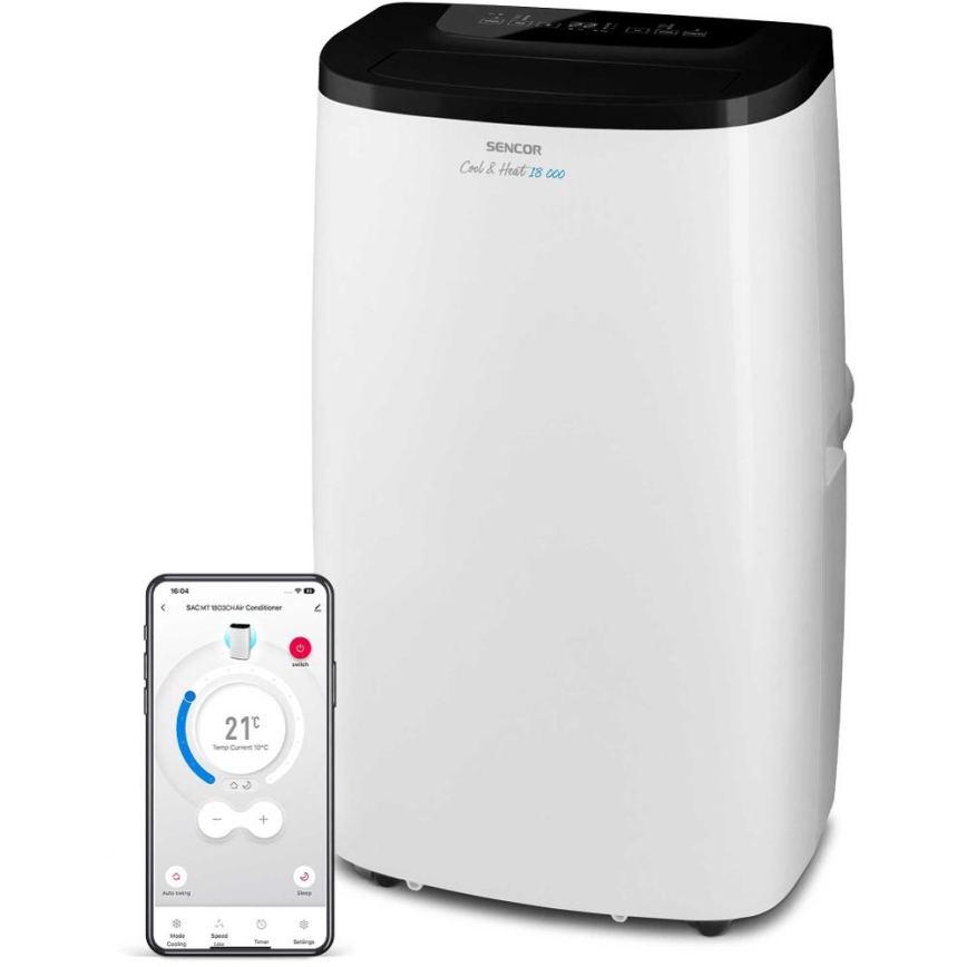 Sencor - Aire acondicionado portátil inteligente 4 en 1 con kit completo de accesorios 1750W/230V 18000 BTU Wi‑Fi blanco + mando a distancia