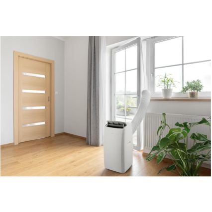 Sencor - Aire acondicionado portátil inteligente 5 en 1 con kit completo de accesorios 733W/230V 9000 BTU Wi-Fi blanco + mando a distancia