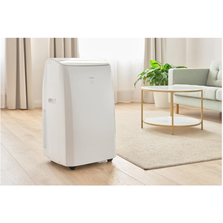 Sencor - Aire acondicionado portátil inteligente 5 en 1 con kit completo de accesorios 733W/230V 9000 BTU Wi-Fi blanco + mando a distancia