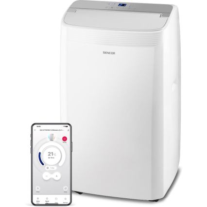 Sencor - Aire acondicionado portátil inteligente 5 en 1 con kit completo de accesorios 733W/230V 9000 BTU Wi-Fi blanco + mando a distancia