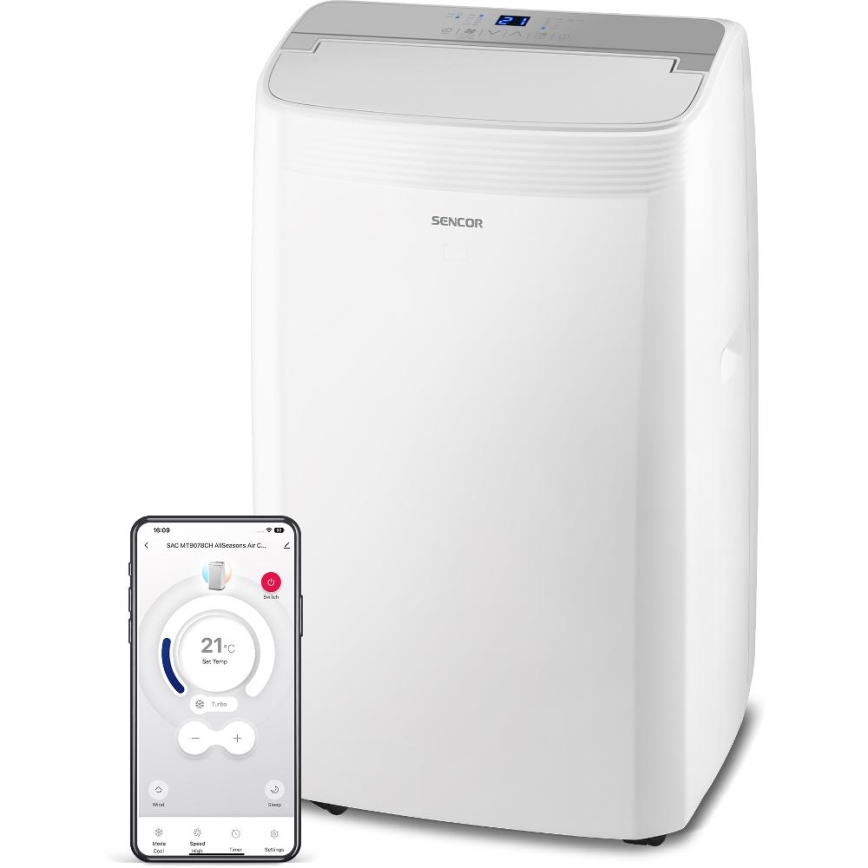 Sencor - Aire acondicionado portátil inteligente 5 en 1 con kit completo de accesorios 733W/230V 9000 BTU Wi-Fi blanco + mando a distancia