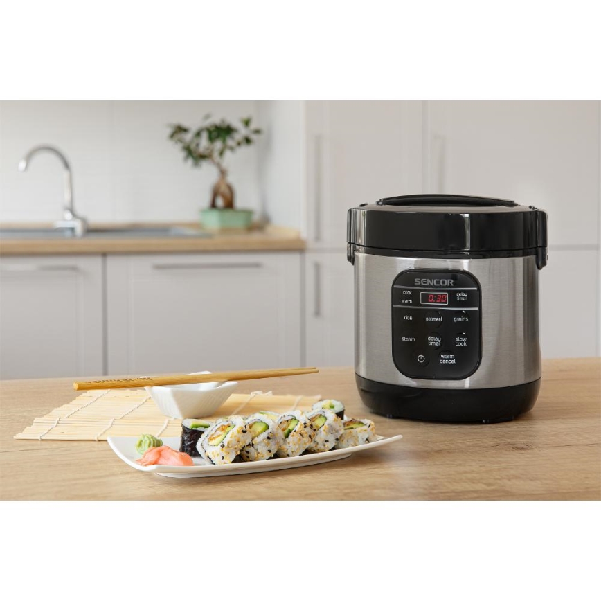 Sencor - Arrocera multifunción 350 W/230 V 0,6 l acero inoxidable/negra