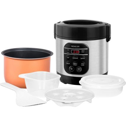 Sencor - Arrocera multifunción 350 W/230 V 0,6 l acero inoxidable/negra