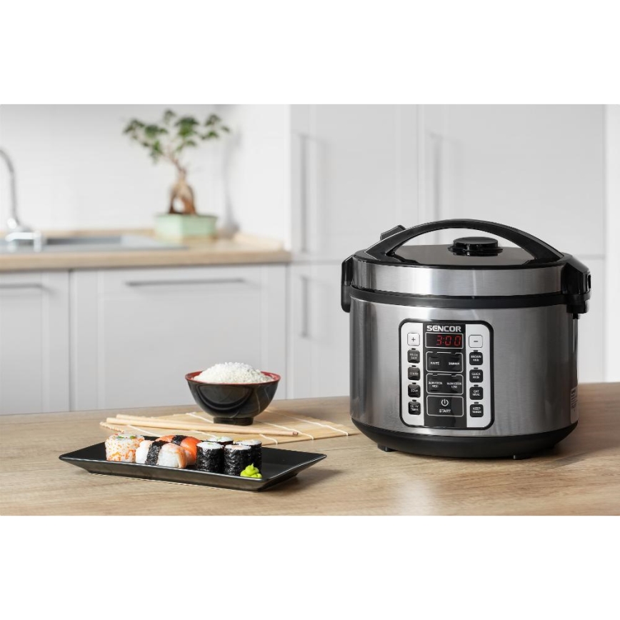 Sencor - Arrocera multifunción 700 W/230 V 1,5 l acero inoxidable/negro