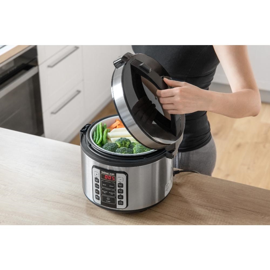 Sencor - Arrocera multifunción 700 W/230 V 1,5 l acero inoxidable/negro
