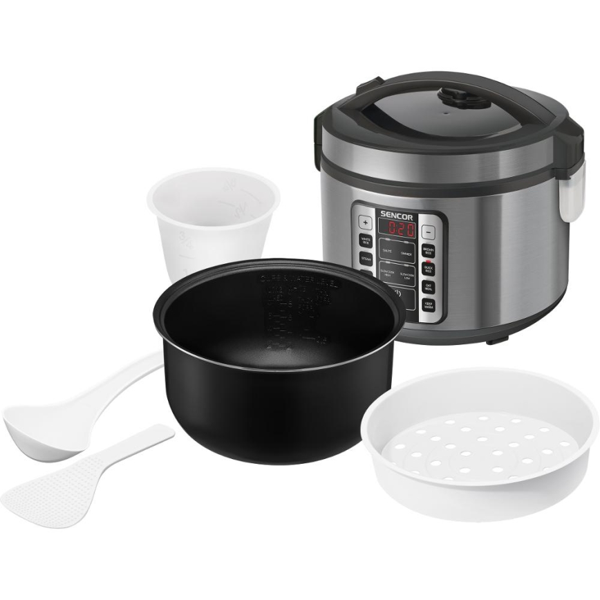 Sencor - Arrocera multifunción 700 W/230 V 1,5 l acero inoxidable/negro